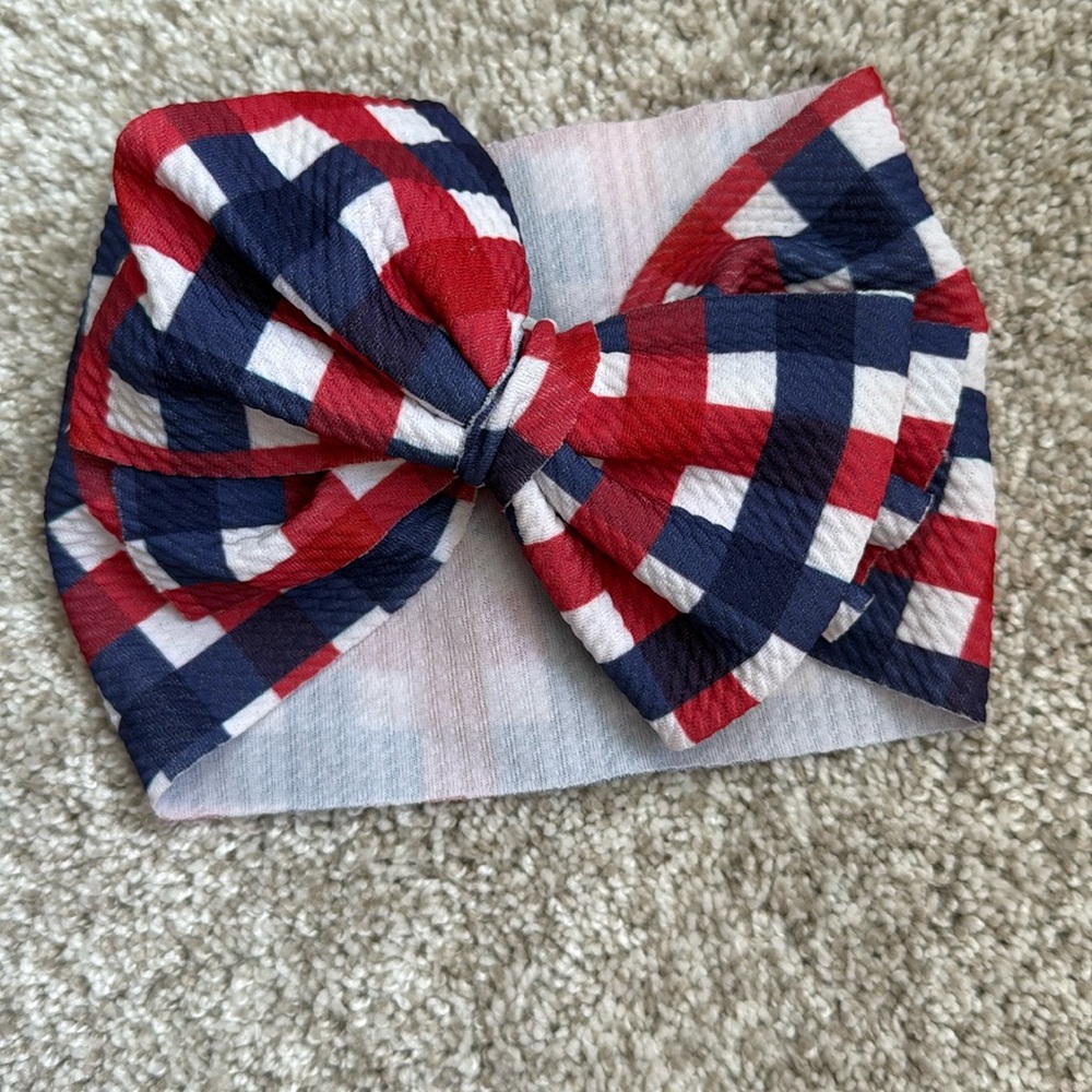 Patriotic Plaid Baby Romper with matching bow Headwrap - Picture 4 of 8